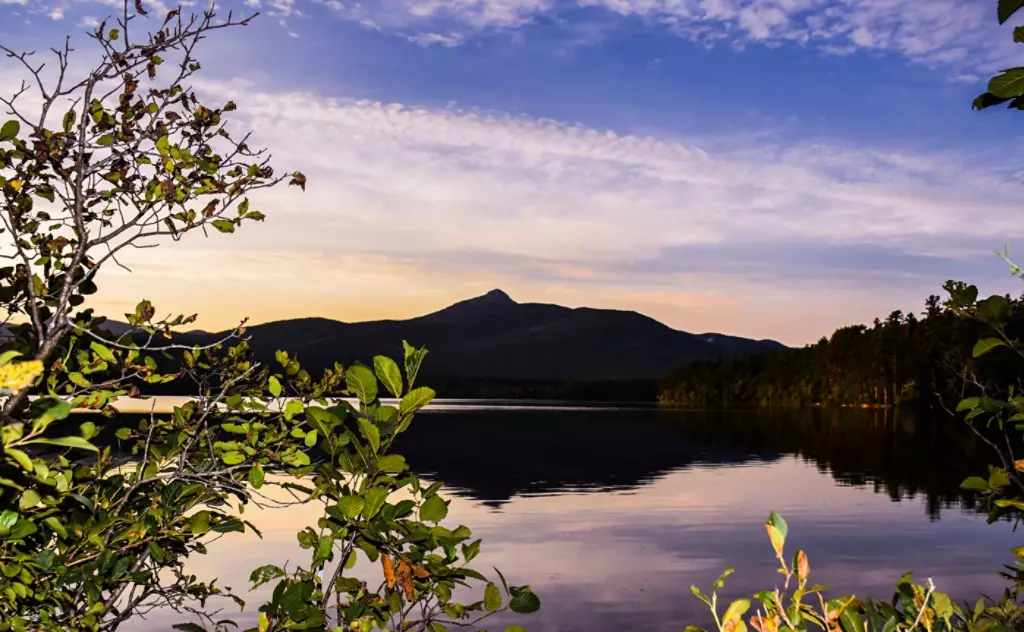 Sunset over the Winnipesaukee lake. Summer landscape in New Hampshire, USA