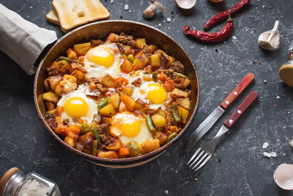 Breakfast hash in cast iron skillet