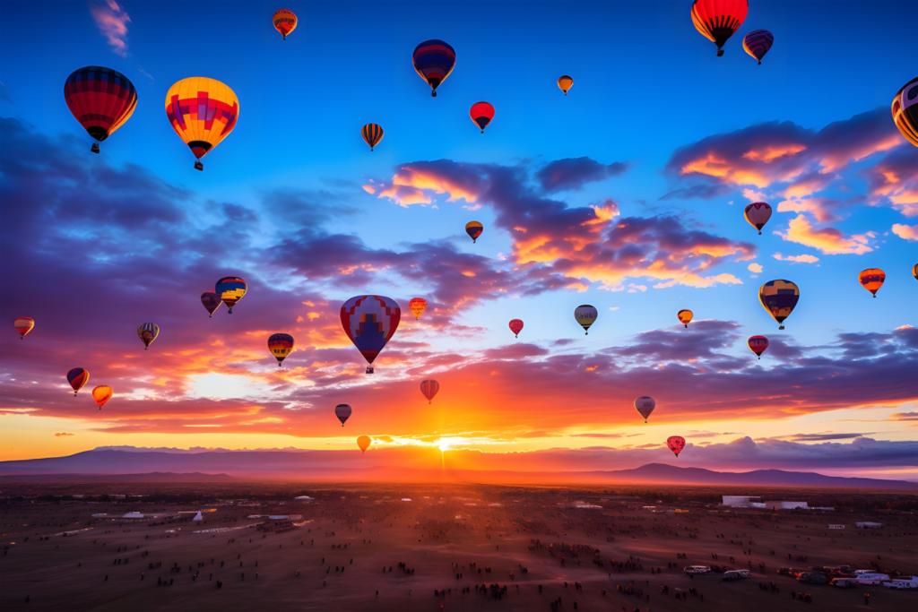 Hot air balloons flying at sunrise (with the Sandia Mountains in the background, Albuquerque International Balloon Fiesta, New Mexico