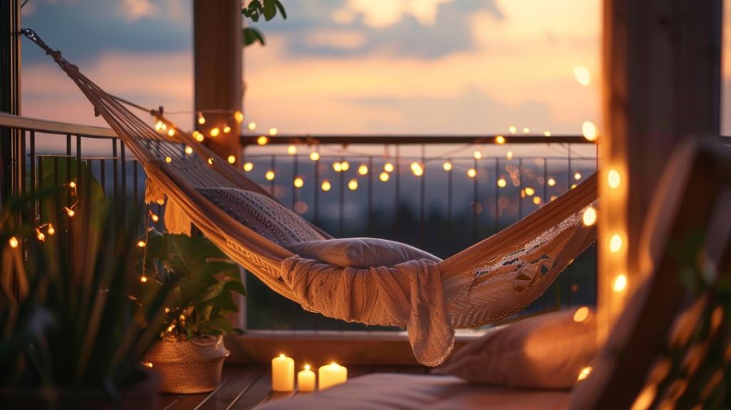 A private balcony with a hanging hammock and ling string lights providing a tranquil space for mindfulness and relaxation.