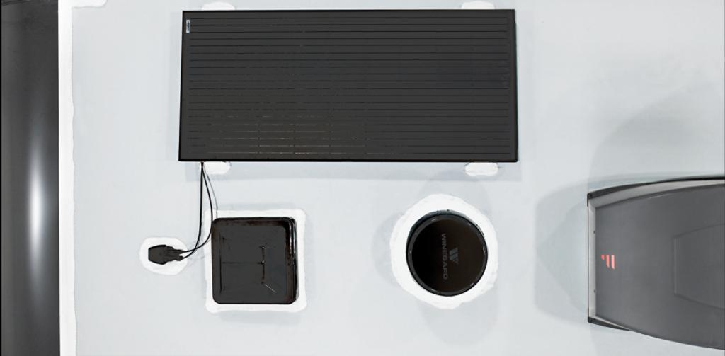 Aerial view of the top of an RV with solar panels. 